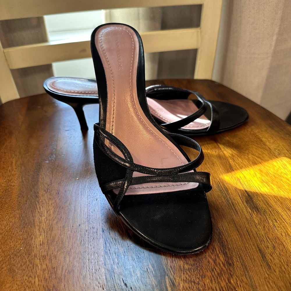 Ann Taylor Sandal Women Black Strappy Leather Kitten Heel Mules Career Office 9M